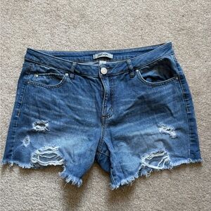 refuge Ripped Medium Blue Denim Shorts with Frayed Hem